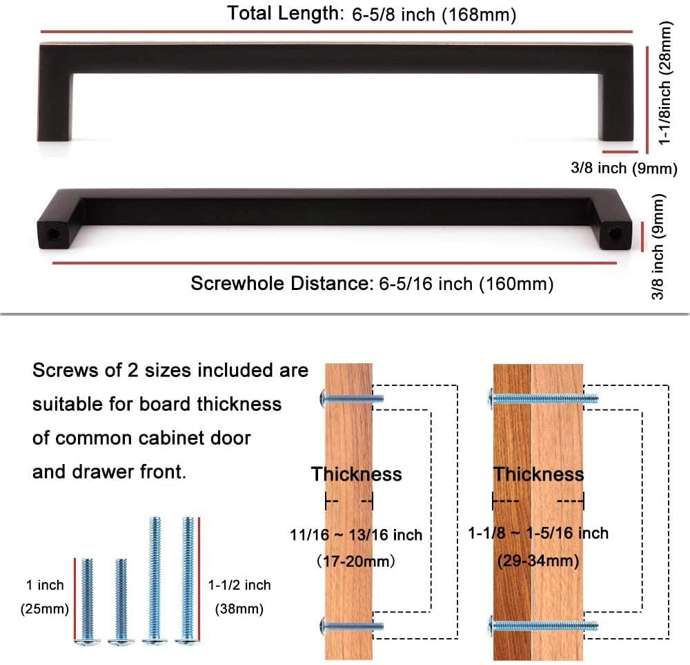 Solid Square Bar Cabinet Handle - Chrome Furniture Pull, 6.3 Inch/160Mm Screwhole Distance, 10-Pack for Kitchen Cupboard Door, Bedroom Dresser Drawer, Bathroom Wardrobe Hardware