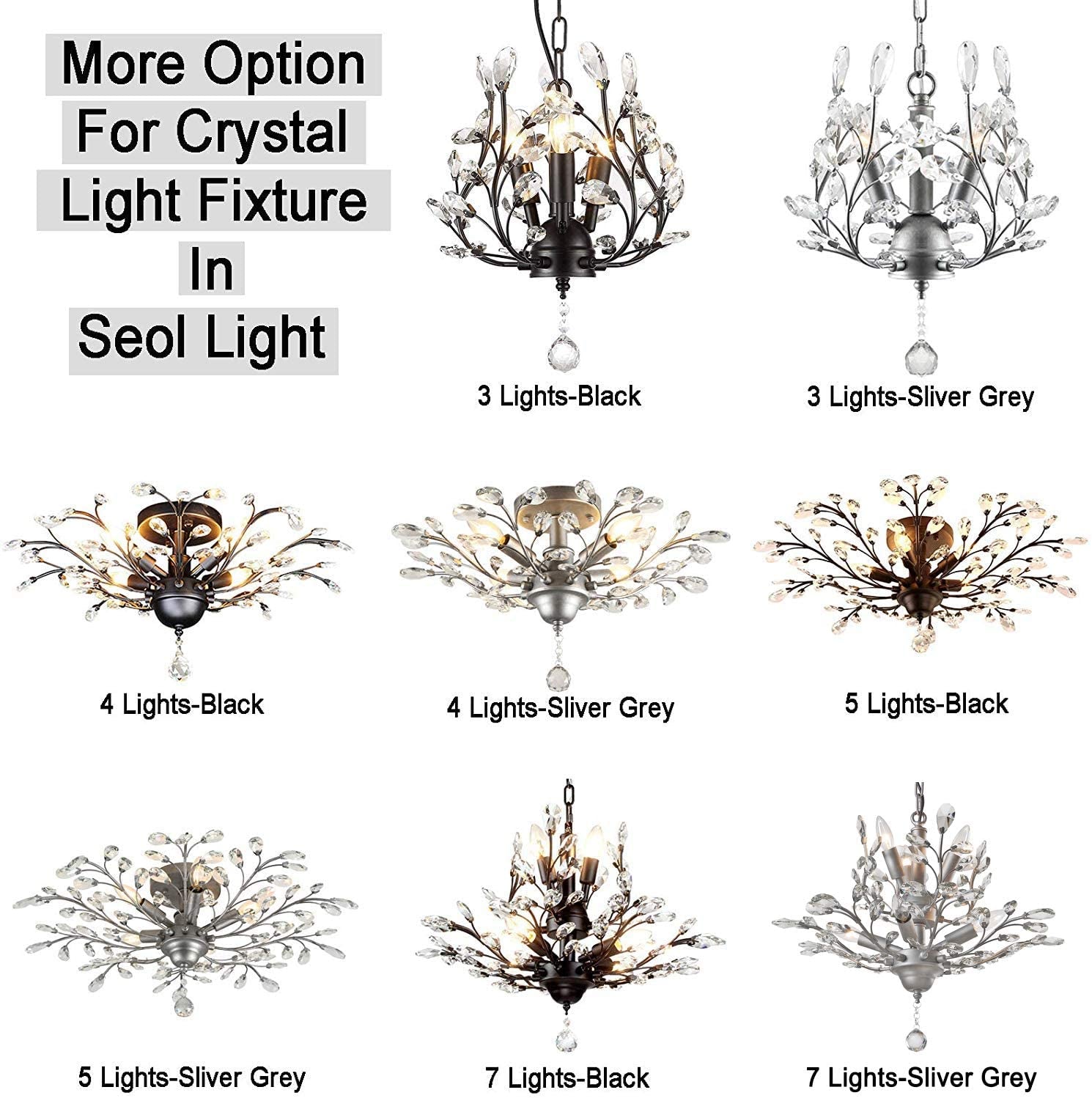 -Light Vintage Crystal Branches Chandeliers Black Ceiling Light Flush Mounted Fixture with 4 Light 160W 24.5" Dia