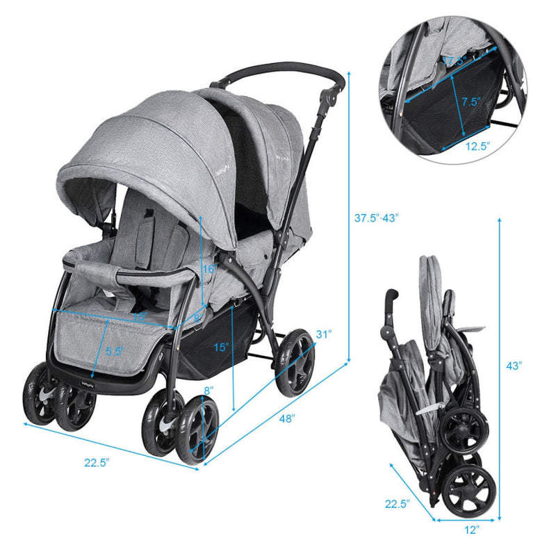 Foldable Lightweight Front Back Seats Double Baby Stroller