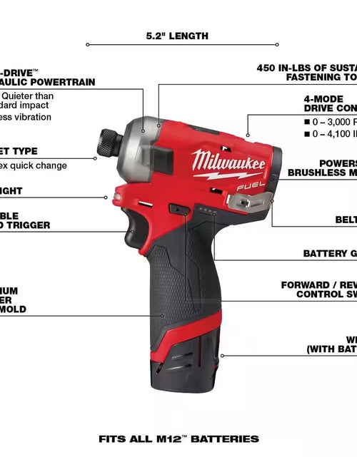 Load image into Gallery viewer, M12 FUEL SURGE 12V Lithium-Ion Brushless Cordless 1/4 In. Hex Impact Driver Compact Kit W/Two 2.0Ah Batteries, Bag
