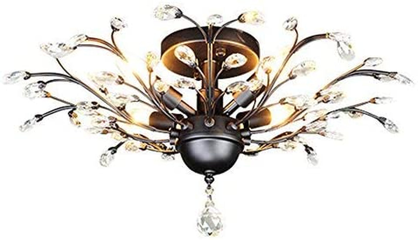 -Light Vintage Crystal Branches Chandeliers Black Ceiling Light Flush Mounted Fixture with 4 Light 160W 24.5" Dia