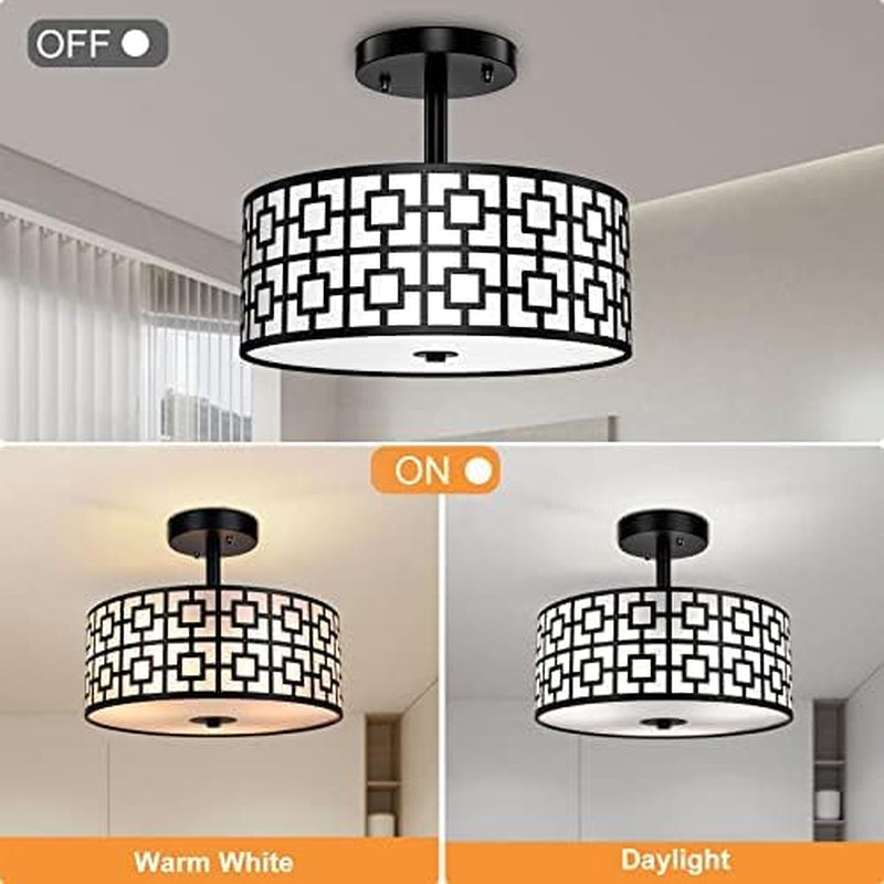 Modern Semi Flush Ceiling Light Fixture, 3-Light Bedroom Ceiling Drum Light, Entry Light Fixtures Ceiling Hanging for Dining Room, Kitchen, Hallway, Entry, Foyer, Living Room, Black Finish