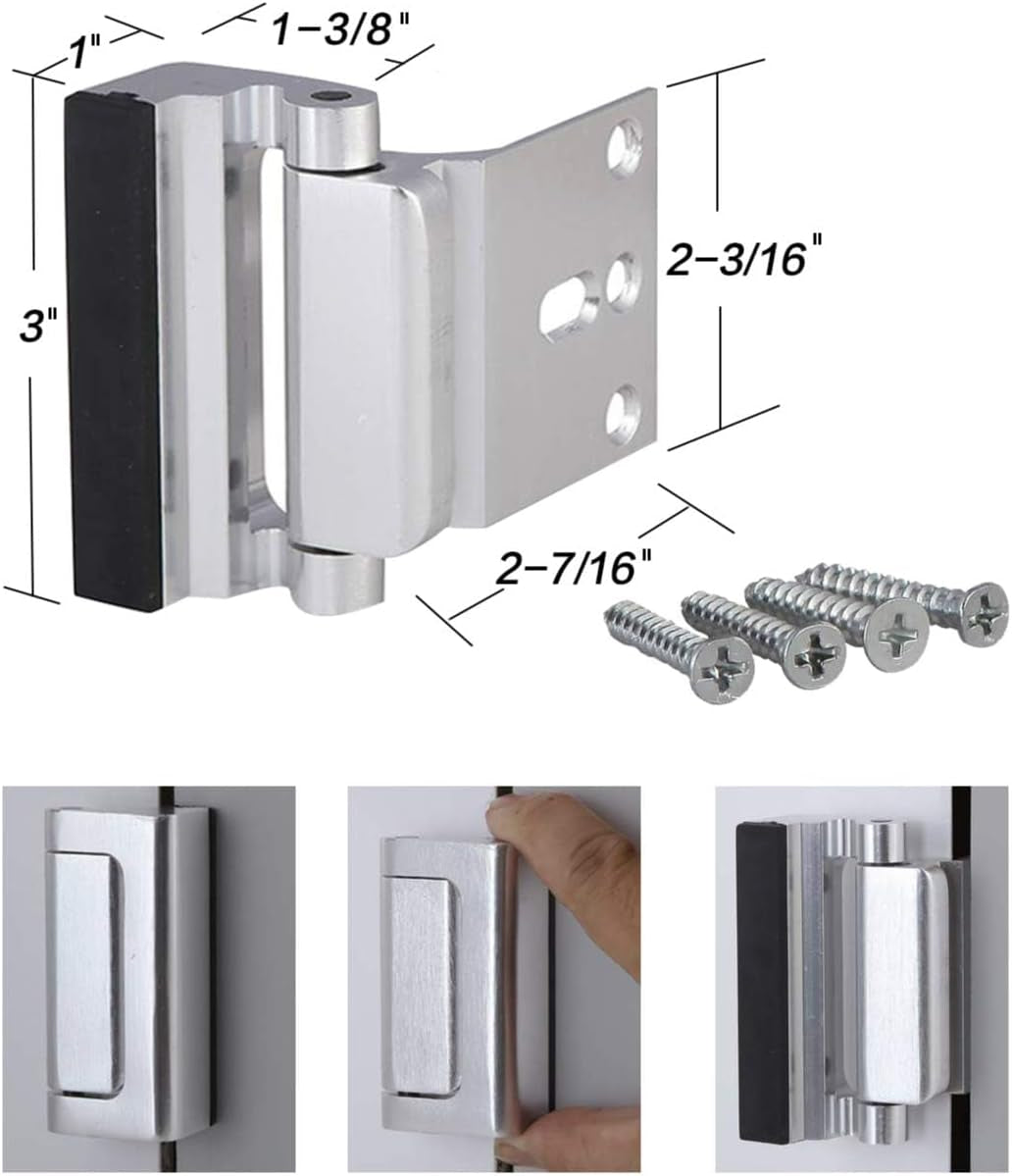 2 Pack Door Reinforcement Locks with 8 Screws, Home Security Door Lock for Toddler, Childproof Door Lock Night Lock Withstand 800 Lbs Silver