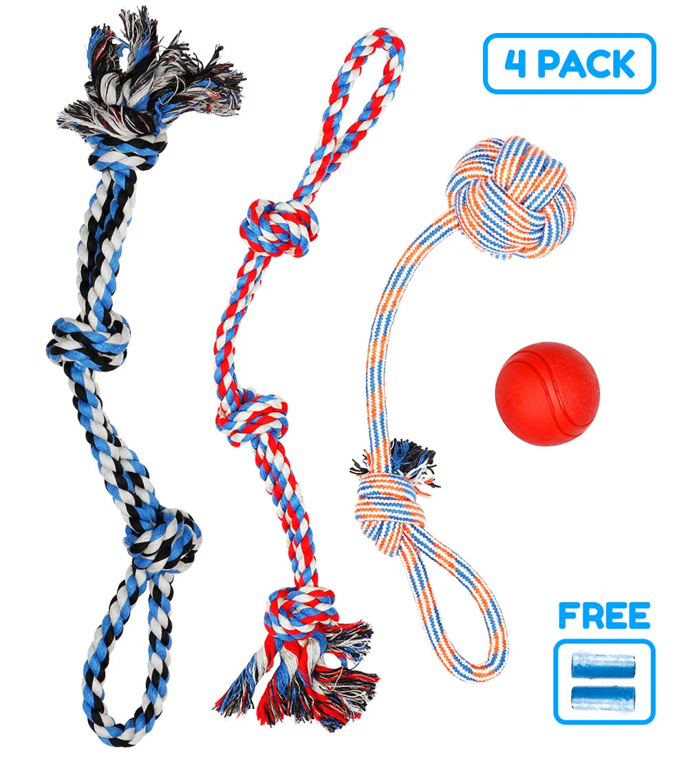 Dog Toy Pack of 4 Large Dog Toys for Aggressive Chewers - Dog Ropes & Ball