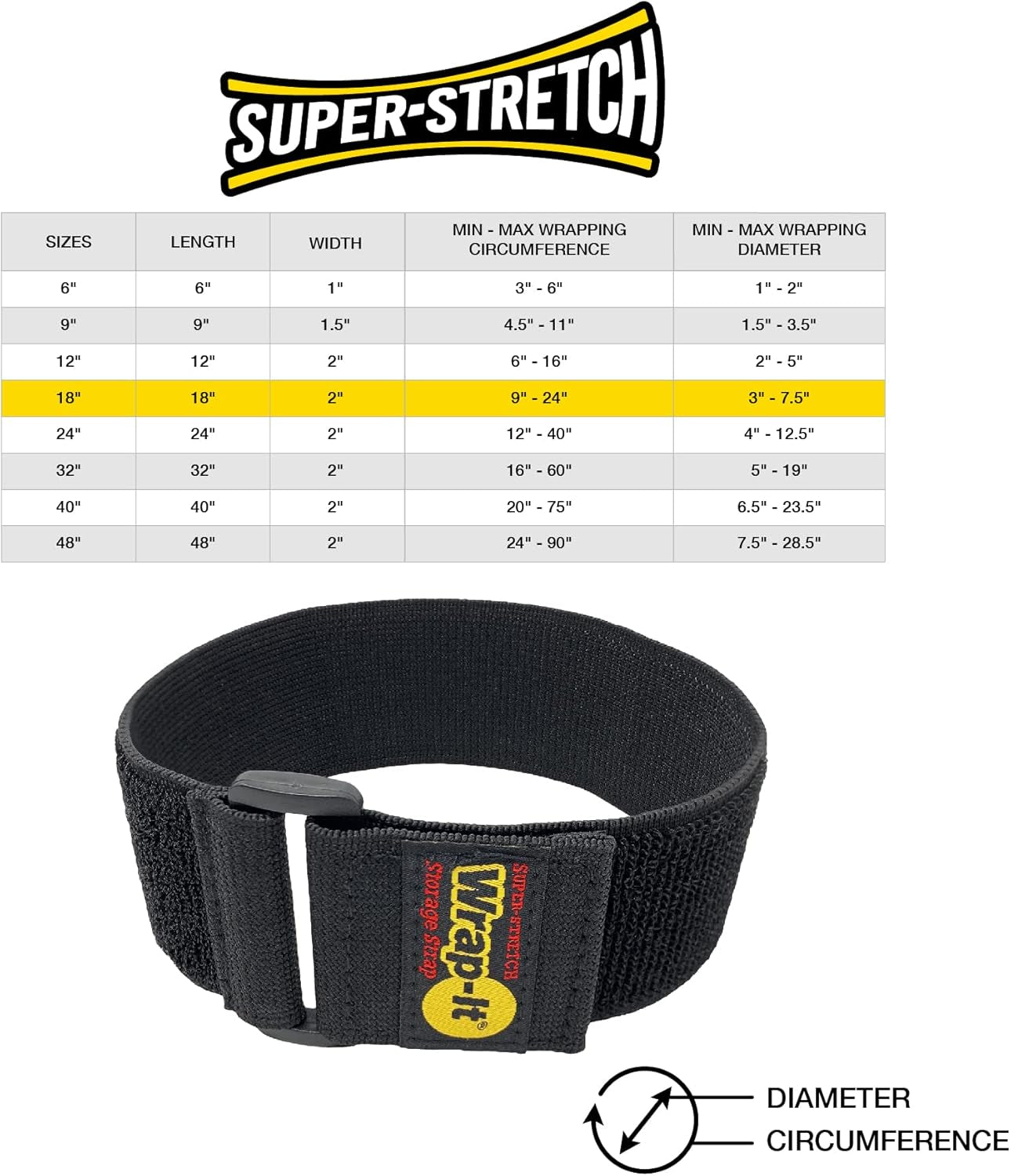 Super-Stretch  Straps, 18" (6 Pack) - Elastic Hook and Loop Cinch Straps - Extension Cord Organizer, Hose and Cables Straps, Cord Wrap, Cord Keeper, Garage and RV Storage Accessories