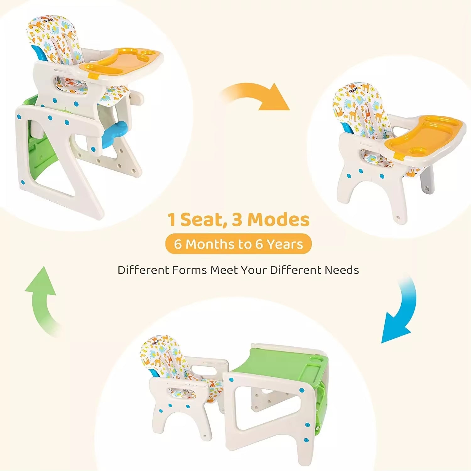 SEJOY High Chairs for Babies Toddlers 3-In-1 Baby High Chair Adjustable Backrest Infant Baby Feeding Chair for Eating