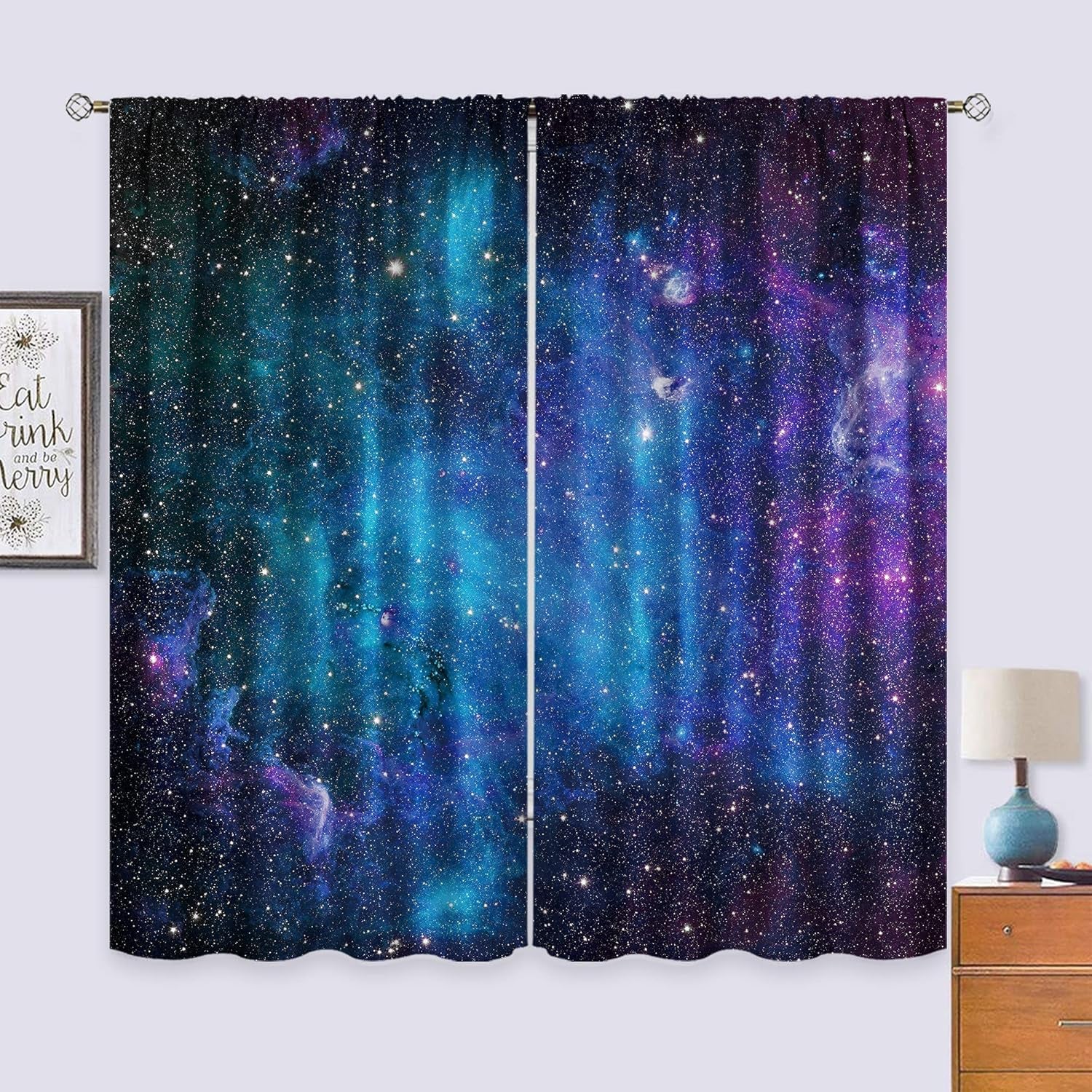 Kids Galaxy Outer Space Nebula Curtains 42W X 63L Inch Rod Pocket Blue Universe Planets Boys Girls Constellation Fantasy Starry Cosmic Trippy Bedroom Living Room Window Drapes Fabric 2 Panels