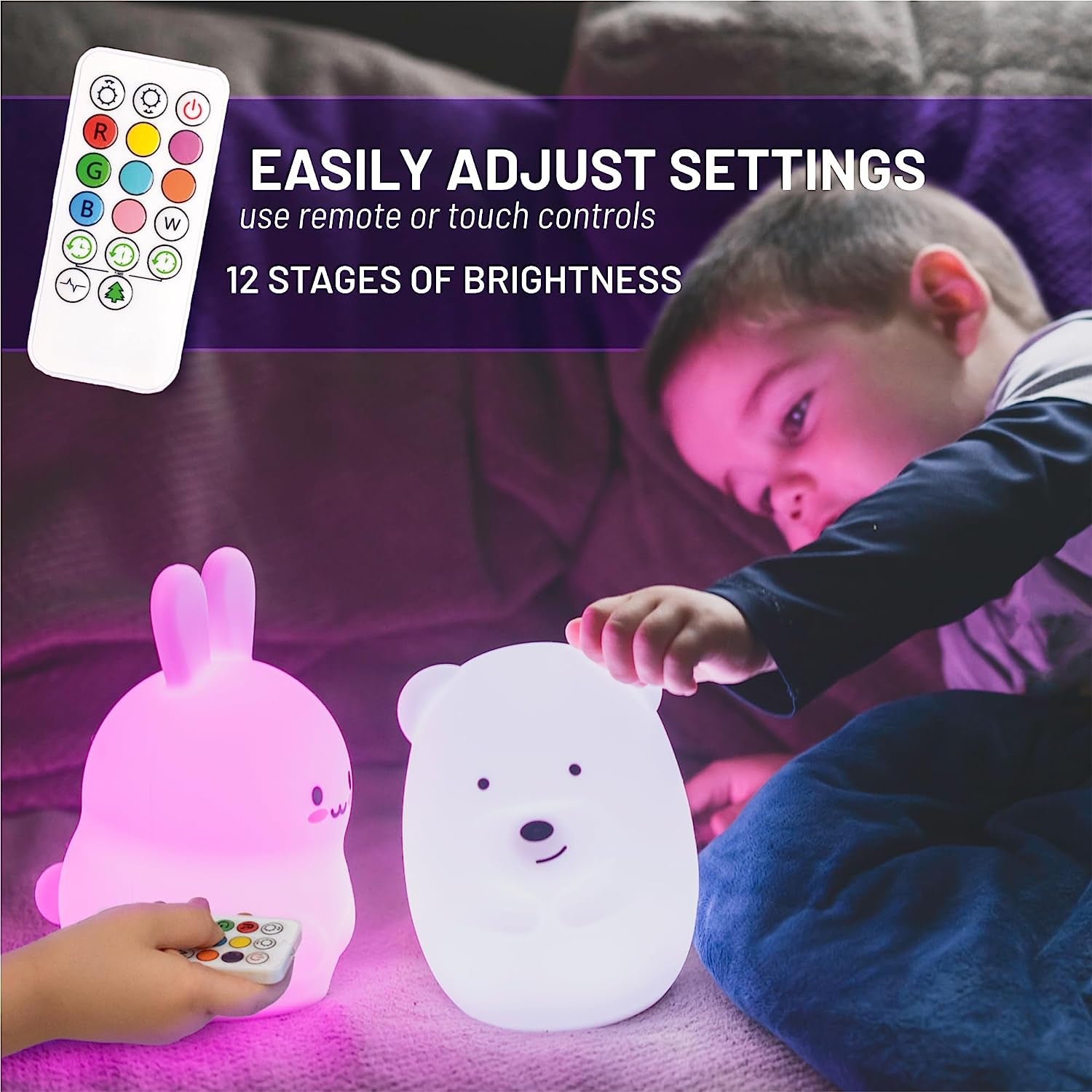 Lumipet Bear Jumbo Kids Night Light, Cute Nursery Light for Baby, Toddler, Silicone LED Lamp, Remote Operated, USB Rechargeable Battery, 9 Available Colors, Timer Auto Shutoff