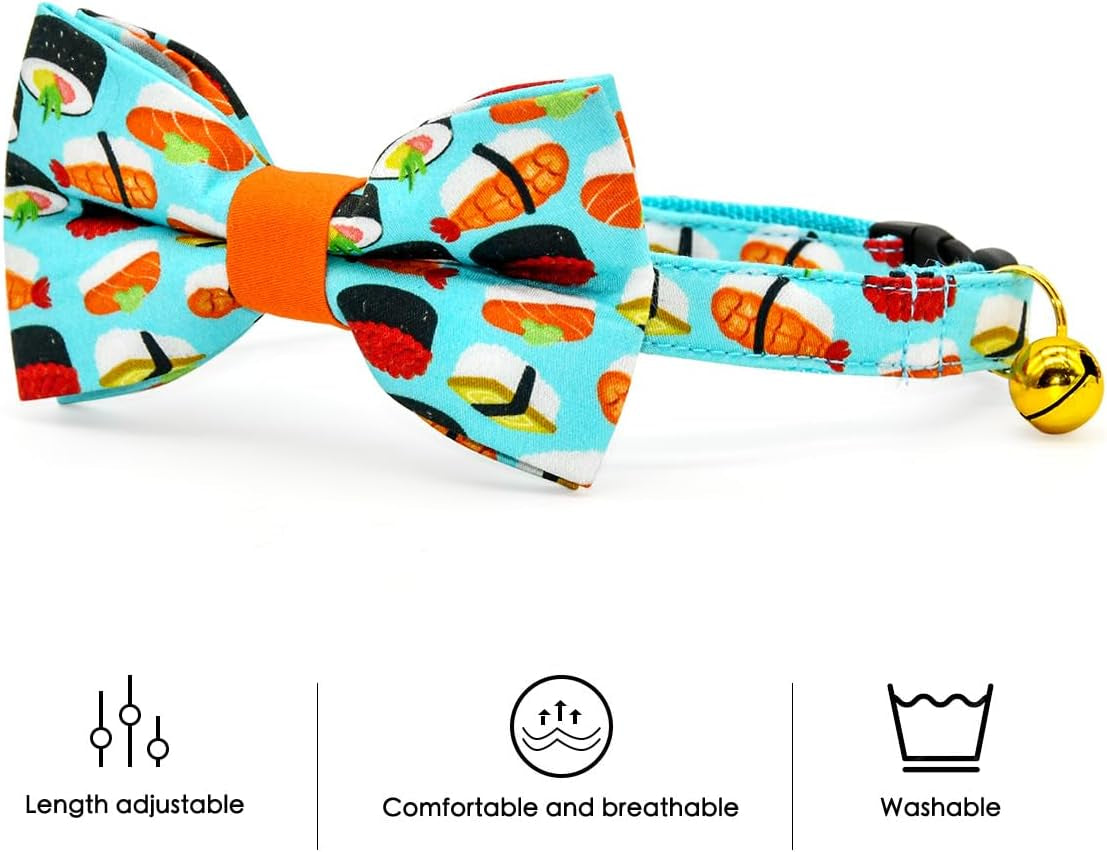 Sushi Cat Collar Bow Tie, Breakaway Safety Plastic Buckle, Bowtie Collar for Kitten (6"-10")