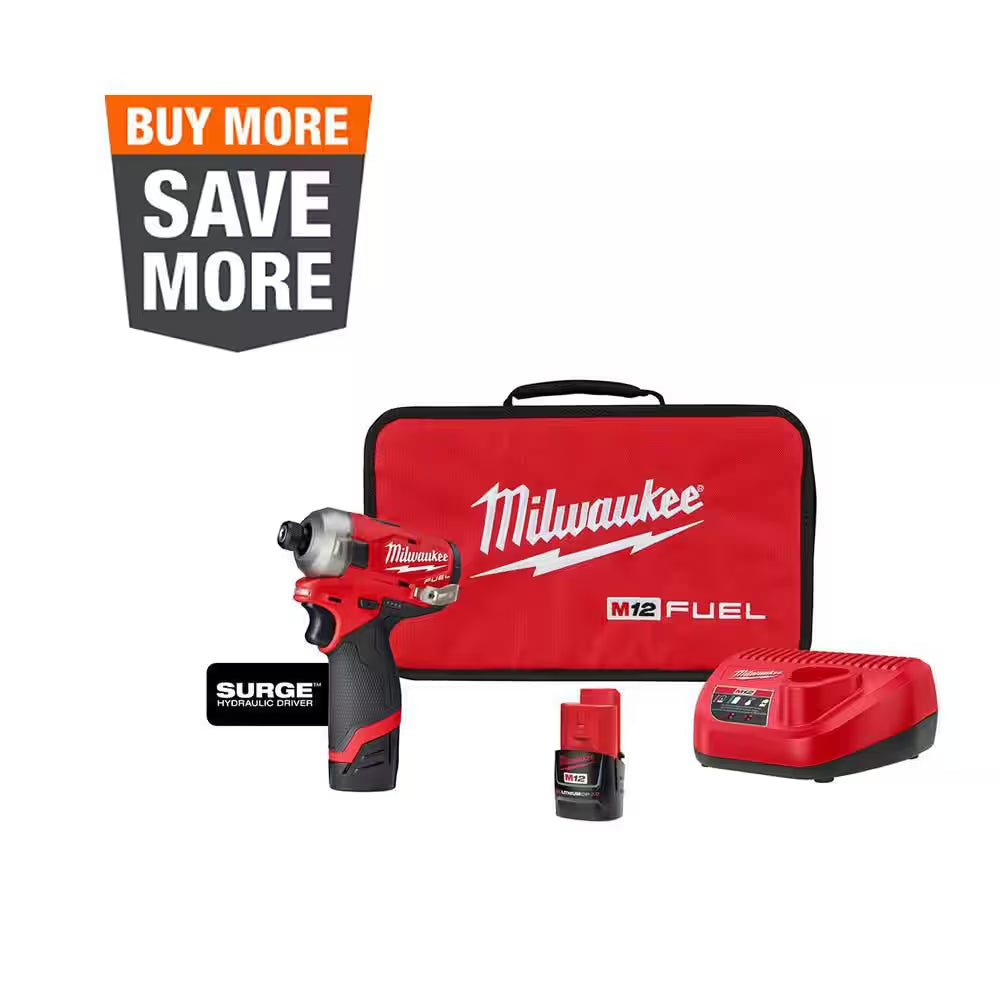 M12 FUEL SURGE 12V Lithium-Ion Brushless Cordless 1/4 In. Hex Impact Driver Compact Kit W/Two 2.0Ah Batteries, Bag