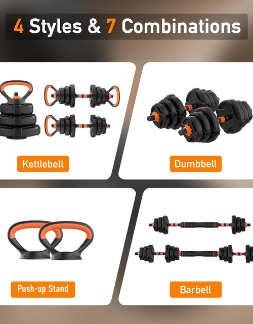 Load image into Gallery viewer, Adjustable Weight Dumbbell Set - 4 in 1 Free Weight Set with Connector - Dumbbells, Barbells, Kettlebells, Push-Up Bars for Full Body Workout and Muscle Toning
