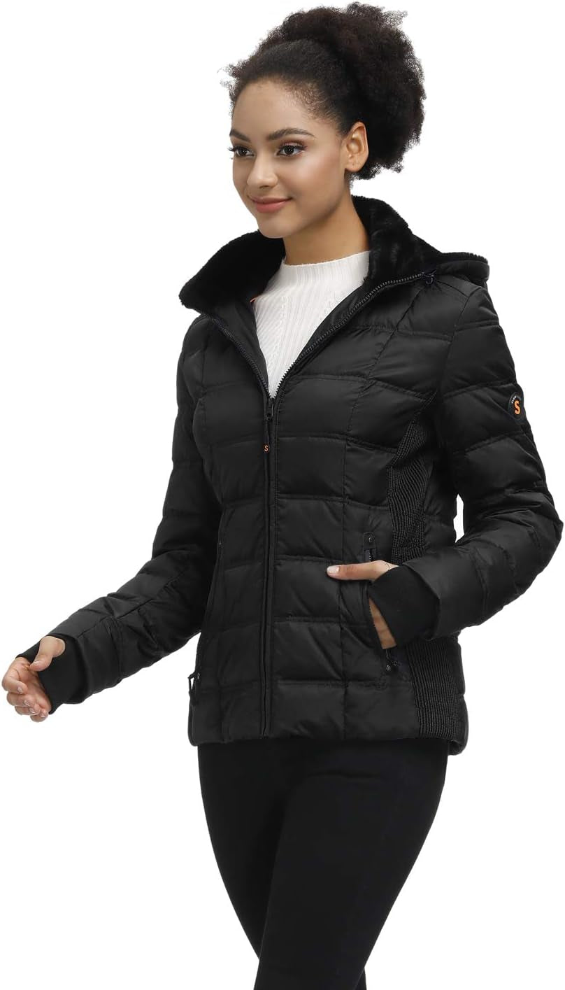 Women down Puffer Jacket with Hood Hooded Winter down Puffer Coat for Women with Faux-Fur Hood & Collar