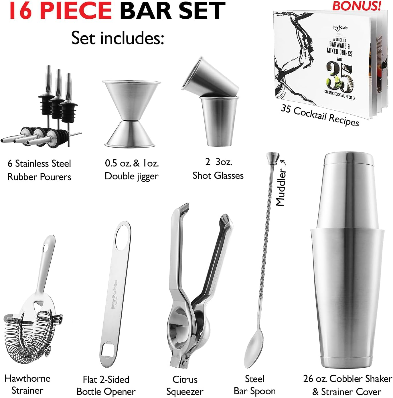 Bar Set Cocktail Shaker Set, Stainless Steel Mixology Bartender Kit, 16PC Silver Tools: 30Oz Martini Shaker, Muddler, Kit Book, Jigger and Pourers