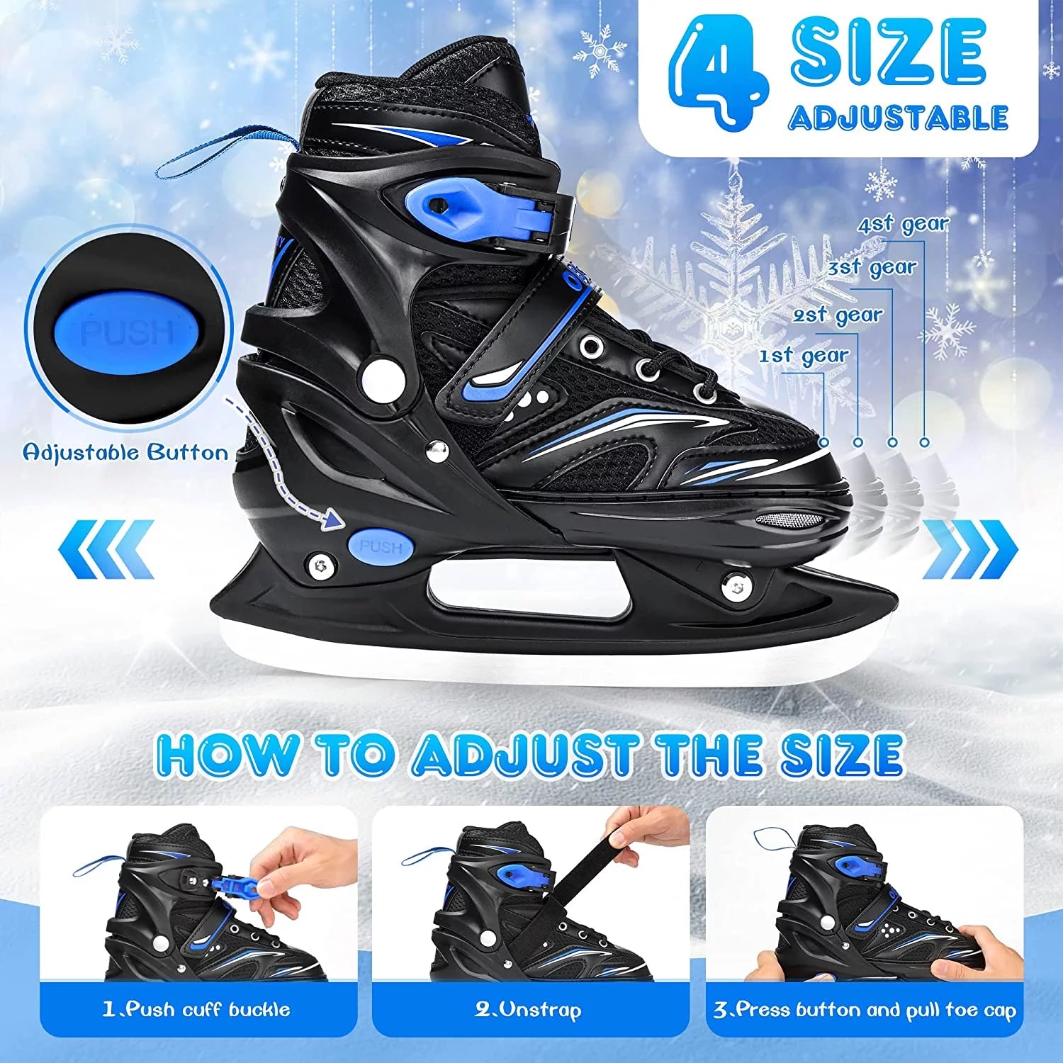 Adjustable Ice Skates - Kids Ice Skates for Beginners, Girls and Boys - Soft Padding and Reinforced Ankle Support - Fun Ice Hockey Lace-Up Skates for Outdoor and Rink