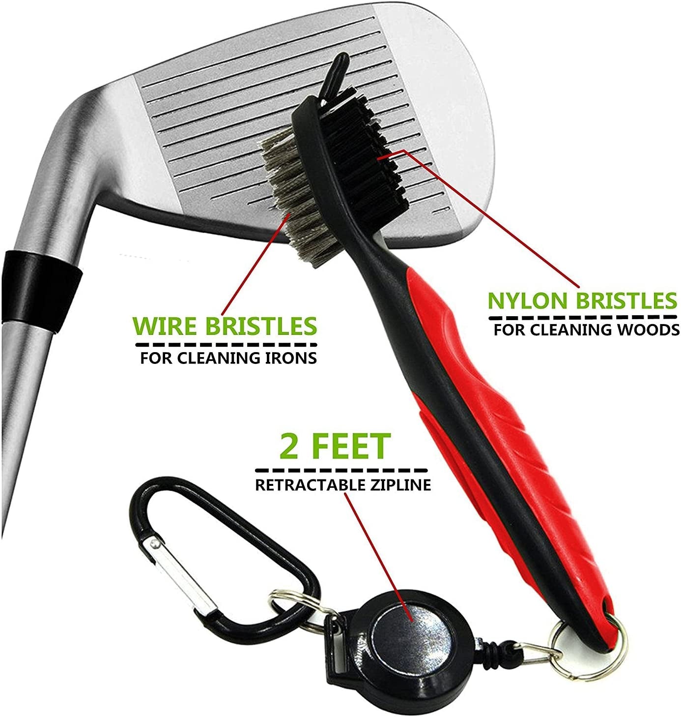 Golf Club Brush and Club Groove Cleaner 2 Ft Retractable Zip-Line Aluminum Carabiner, Lightweight and Stylish, Ergonomic Design, Easily Attaches to Golf Bag