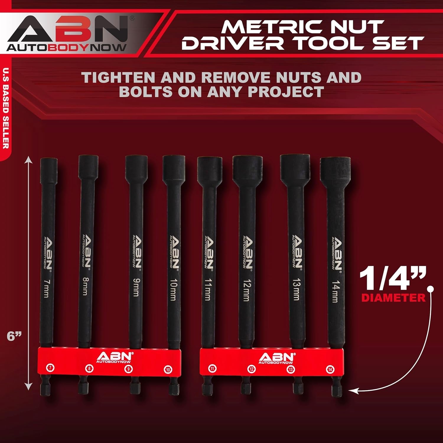 Impact Nut Driver Tool Set - 8Pc Metric 6 in Long Shank Nut Driver Bits Magnetic Tip Sockets, 1/4 in Hex Shank