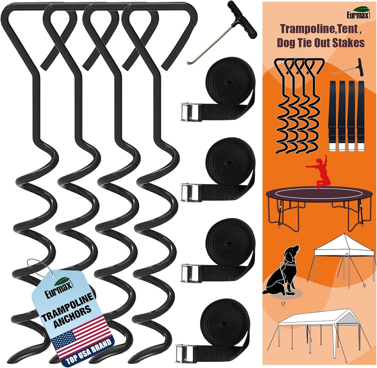 USA Trampoline Stakes Heavy Duty Trampoline Mats Corkscrew Shape Steel Stakes Anchor Kit with T Hook for Trampolines