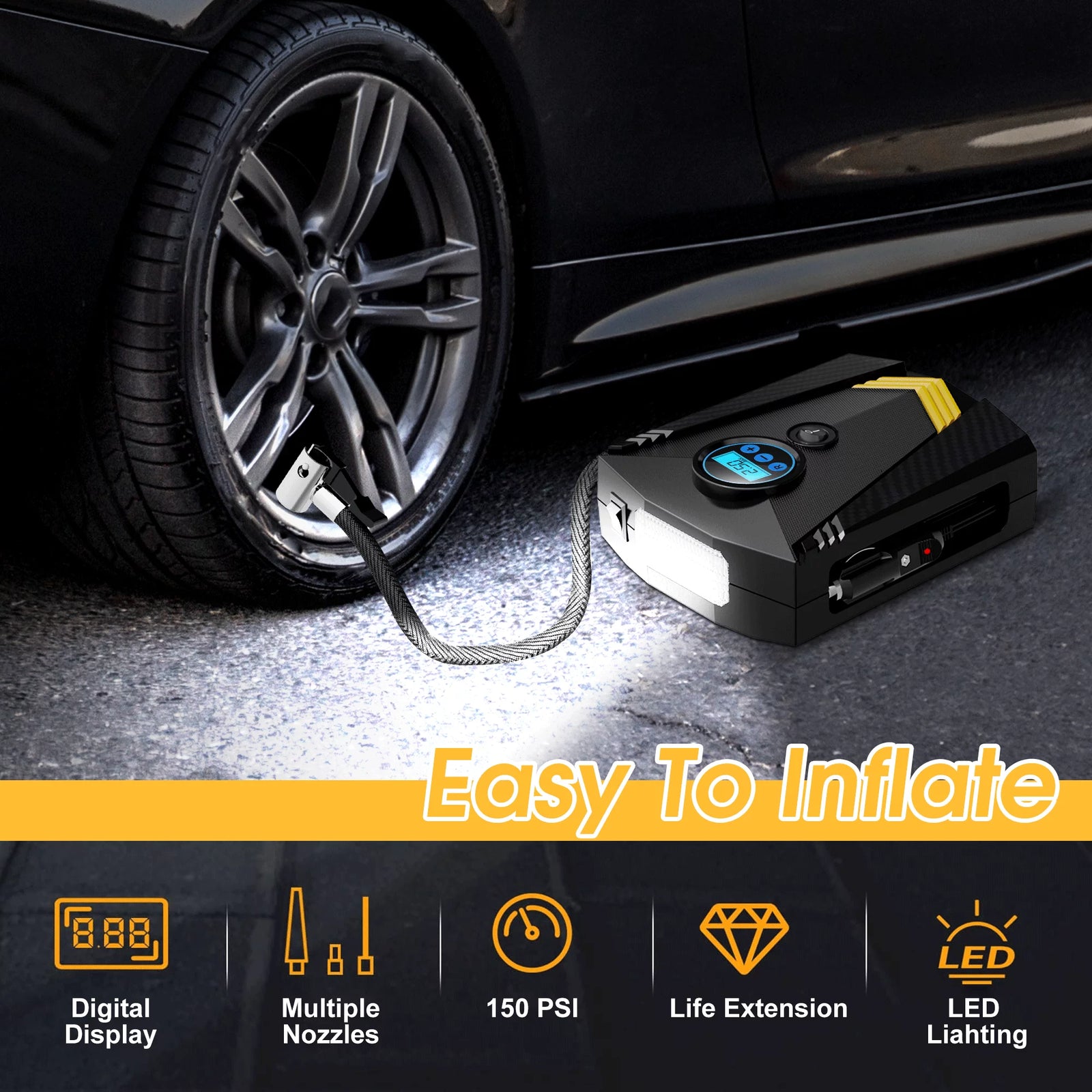 Tire Inflator, Portable Air Compressor for Car, Auto Air Pump with LED Light Gauge 12V DC, 150PSI Tire Pump Electric Air Pump Tire Inflator for Car, Bicycle, Motorcycle,Balls,Balloons, Black