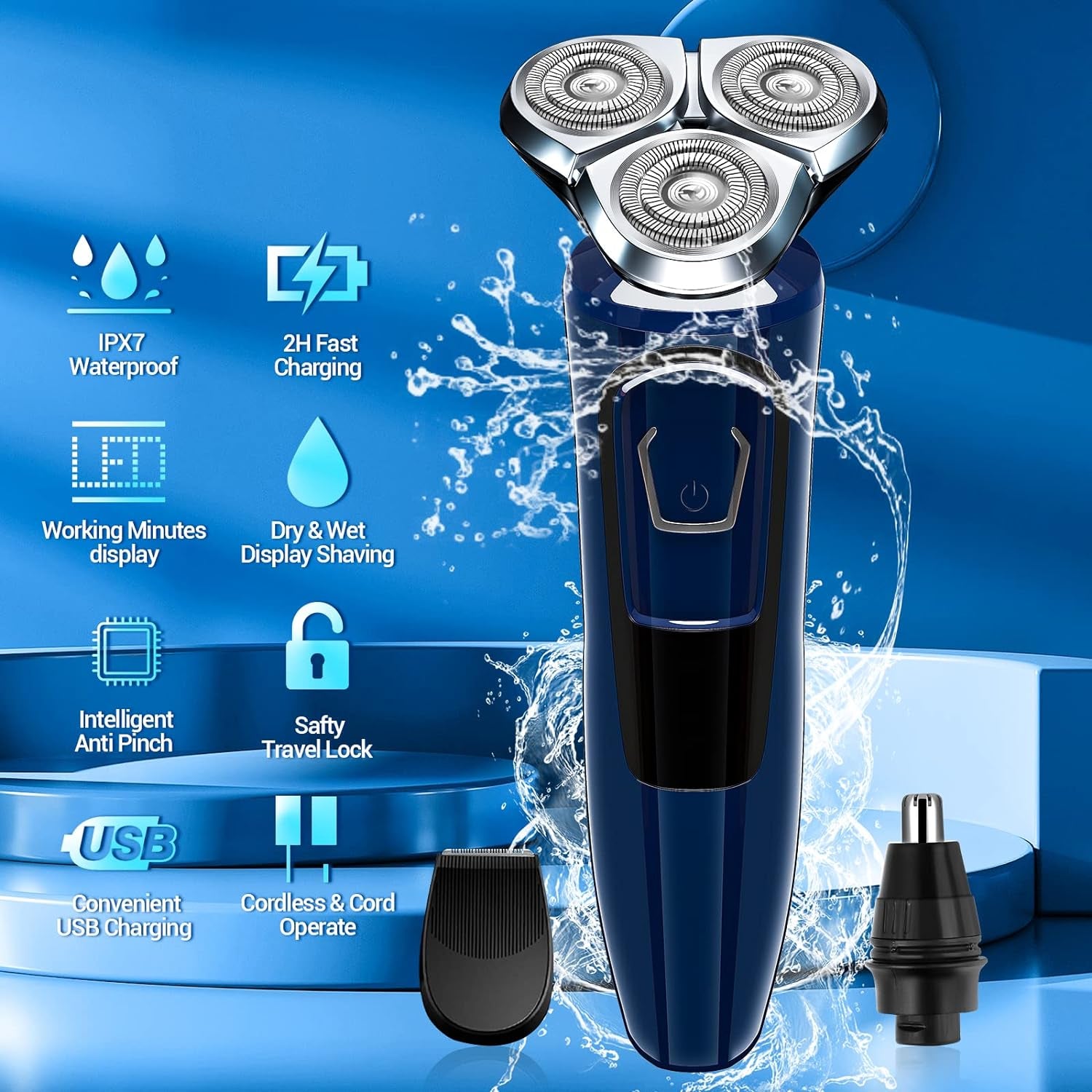 Electric Razor for Men,Electric Shavers for Men Wet Dry,Rechargeable Mens Electric Shavers Razor Man Shaving Waterproof for Teens Cordless,Usb Travel Face Shaver Rotary with Beard/Nose Trimmer